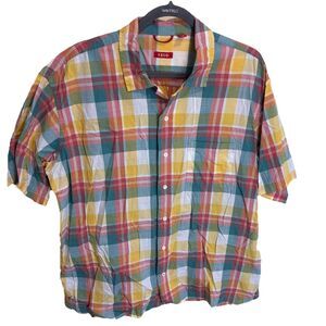 IZOD Shirt Mens XL Yellow Orange Blue Plaid S/S Relaxed Classic Button Down